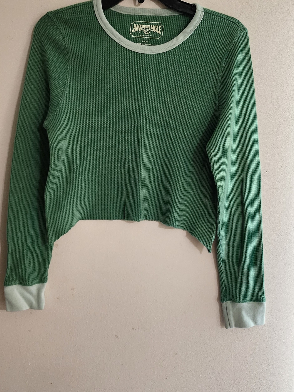 American Eagle Green Thermal Waffle Knit Long Sleeve Crop Top Size Large